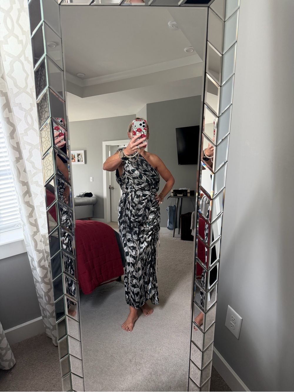 All Saints Black & White Abstract One Shoulder Maxi Dress
